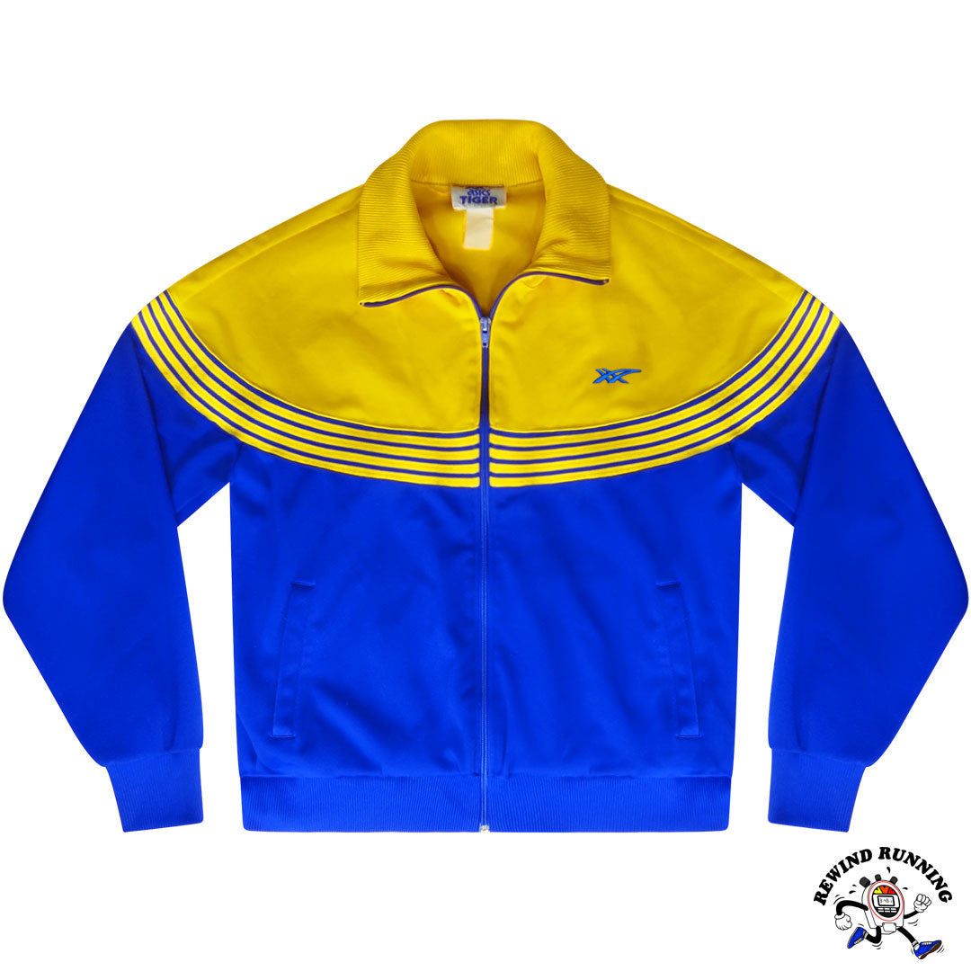 Asics Tiger Vintage 70s 80s Yellow and Blue Striped Track Jacket Large Front