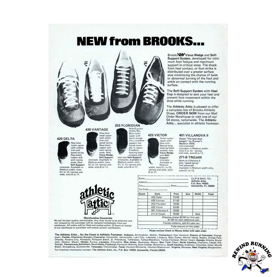 Brooks Athletic Attic Delta, Vantage, Floridian, Villanova II, B-Trojan and Victor 1977 vintage sneakers print ad