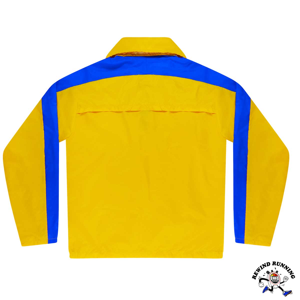 Yellow vintage windbreaker jacket with blue sleeves on a white background