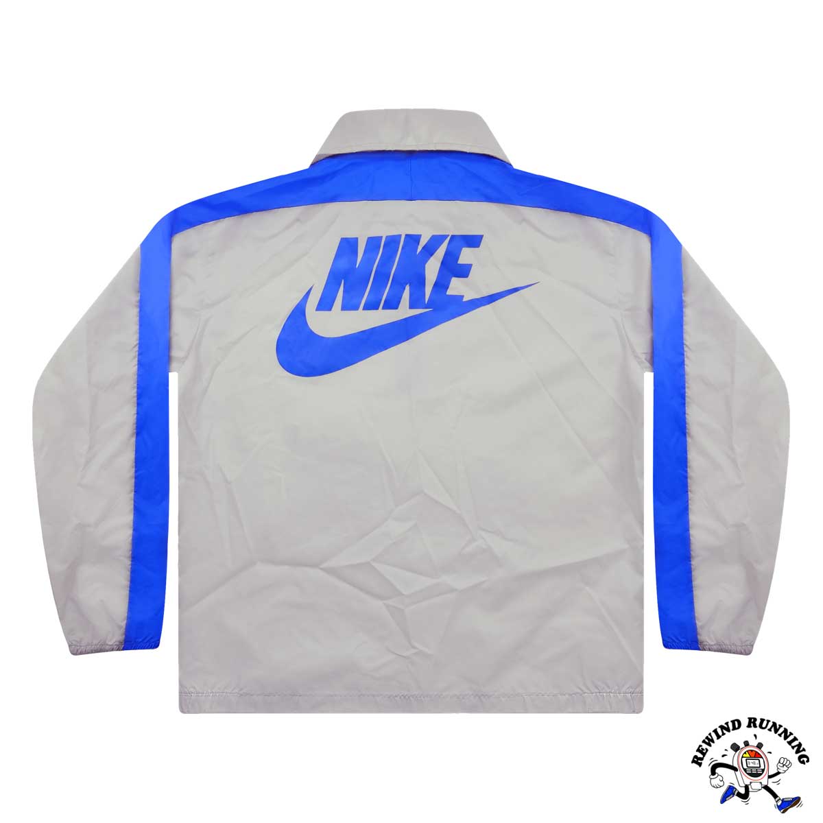 Nike Sportswear Vintage Gray Blue 70s 80s Windbreaker Track Jacket Anorak 'Orange Tag' Large Back Swoosh Logo Flat Lay