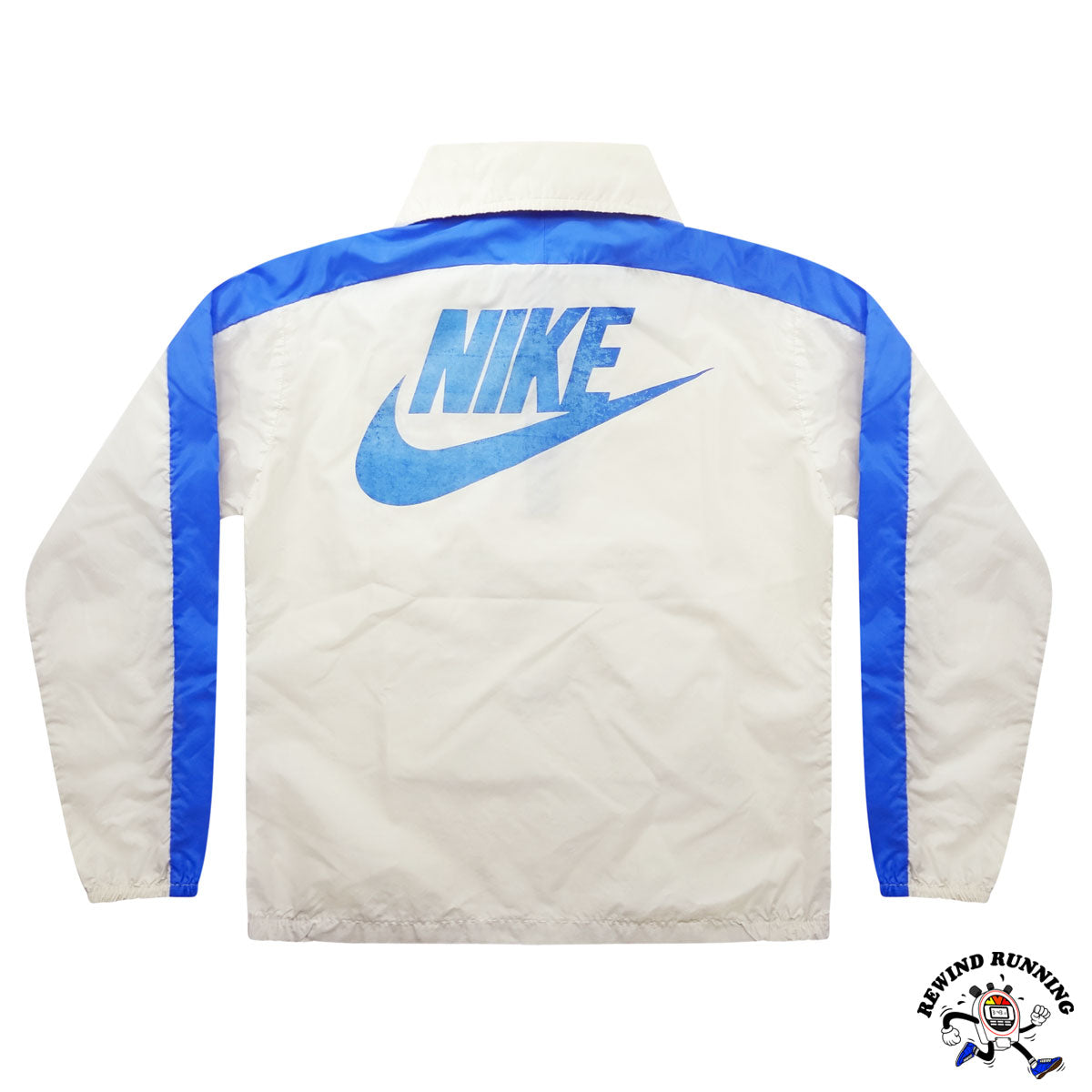 Nike Vintage 70s 80s Men's M Off-White Blue Windbreaker 70s 80s Zip Pullover Track Jacket Back flat lay