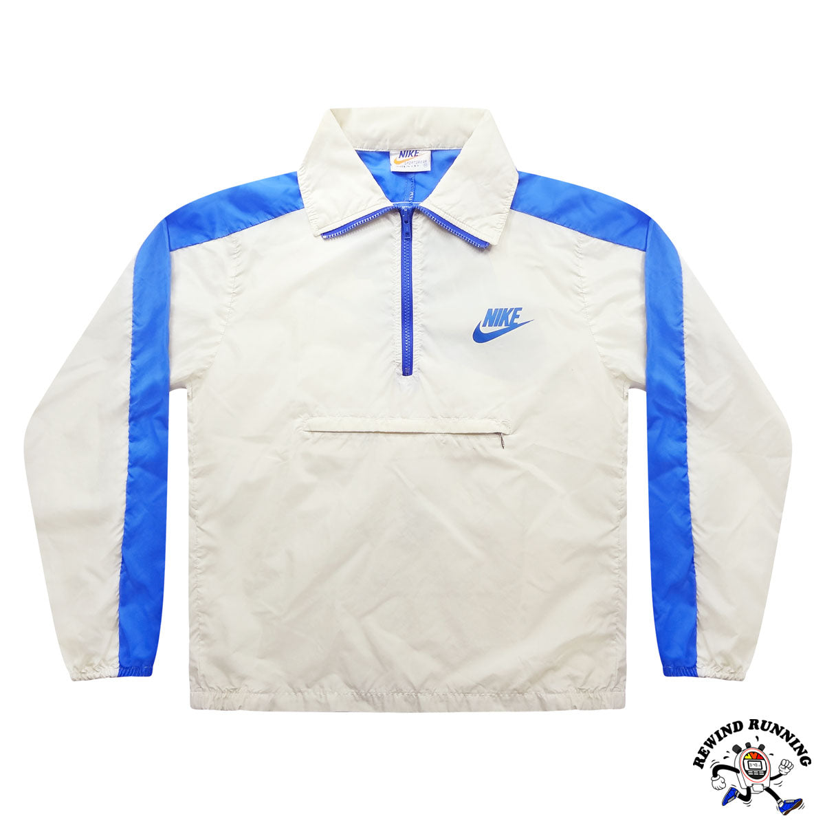 Nike Vintage 70s 80s Men's M Off-White Blue Windbreaker 70s 80s Zip Pullover Track Jacket Front flat lay