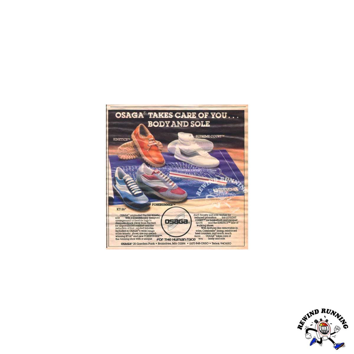 Osaga "Takes Care of You" KT-26 and Forerunner Vintage 1981 Running Shoes Sneakers Print Ad