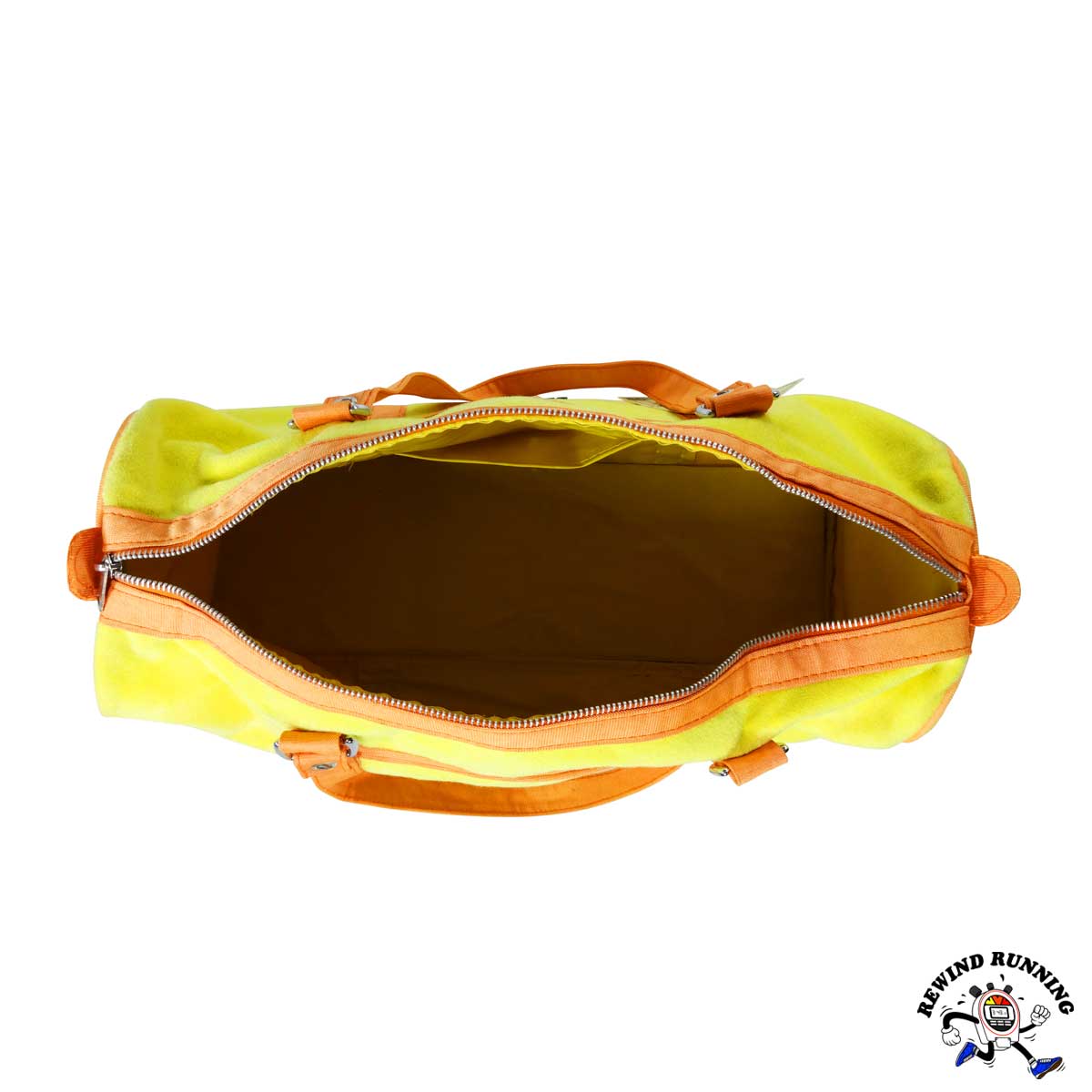 Yellow and orange open duffel bag on a white background with a brand logo in the corner.