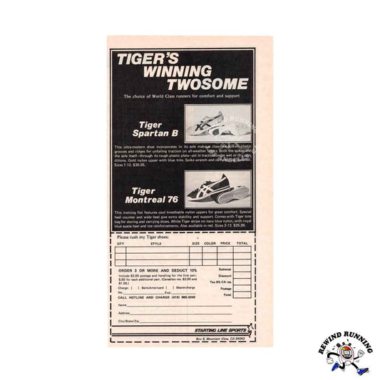 Asics Tiger Spartan B & Montreal 76 Starting Line Sports 1970s vintage sneaker running shoes print ad