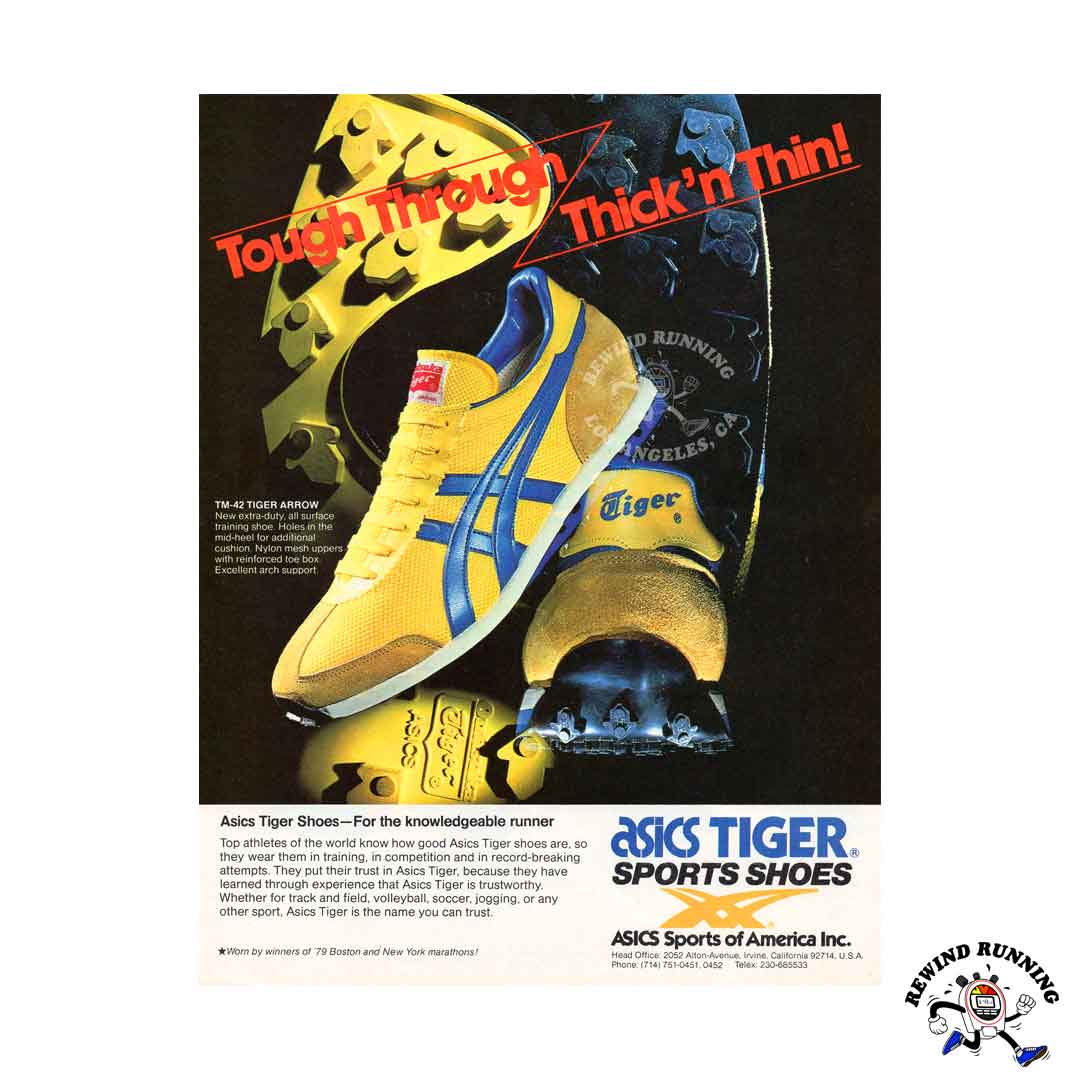 Asics TM-42 Tiger Arrow & Saucony 1980 vintage running shoes ad