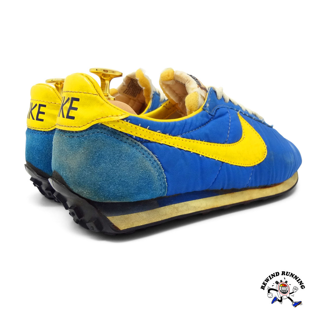 Nike Vintage 1970s Blue and Yellow Waffle Trainer Racer Sneakers Rear Made in Japan