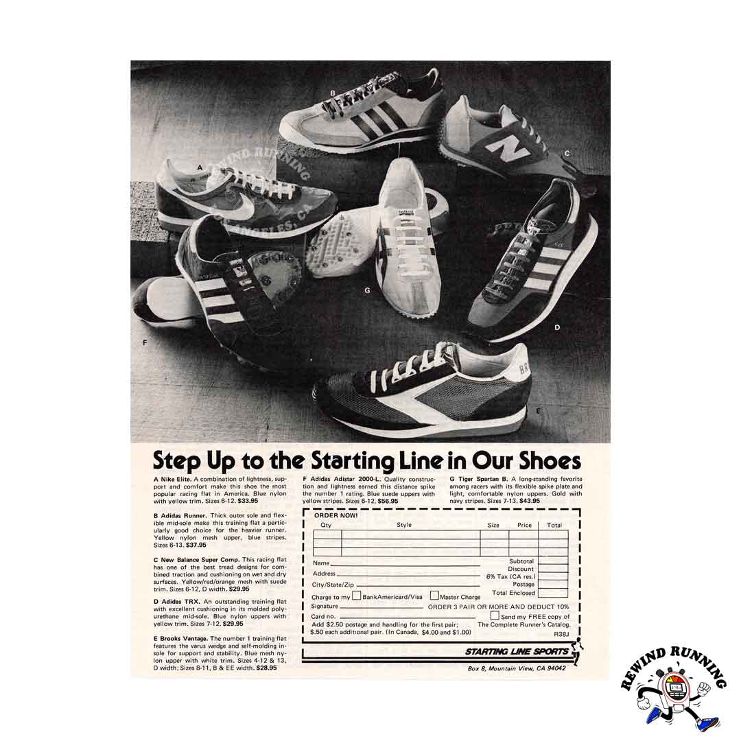 Starting Sports 1978 ad featuring Nike Elite, Adidas SL76 Rewind Running™