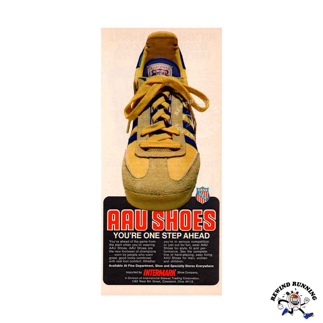 AAU Shoes 1977 "You're one step ahead" vintage sneaker ad featuring a yellow and blue vintage running shoe.