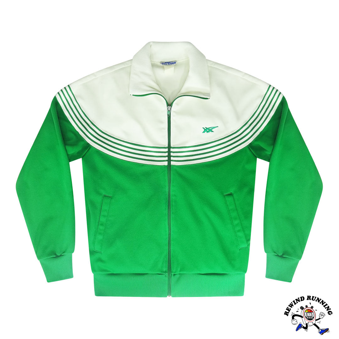 Asics Tiger Vintage 70s 80s Men's Medium Green and White Striped Track Jacket Front