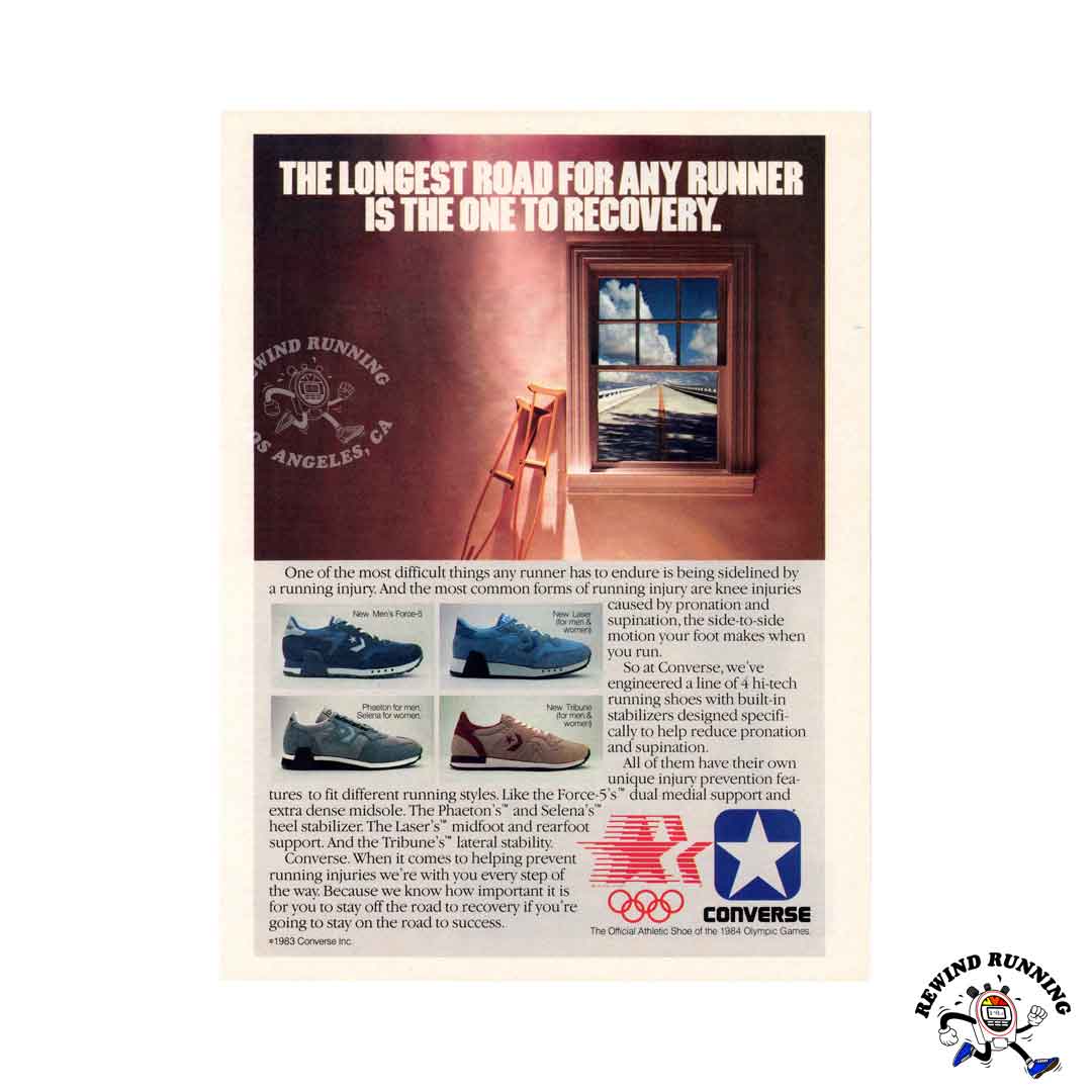 Converse Laser, Force-5, Tribune and Phaeton / Selena vintage running shoes 1983 print ad
