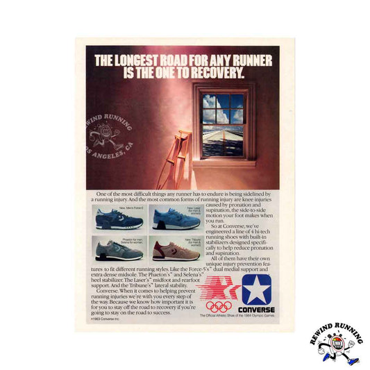 Converse Laser, Force-5, Tribune and Phaeton / Selena vintage running shoes 1983 print ad