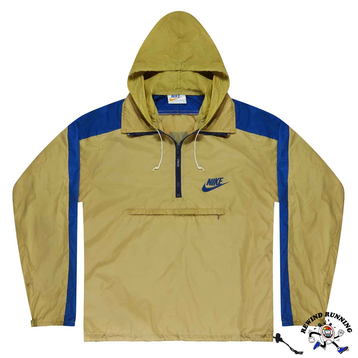 Nike vintage windbreaker jacket with beige tan hood and blue striped sleeves on a white background