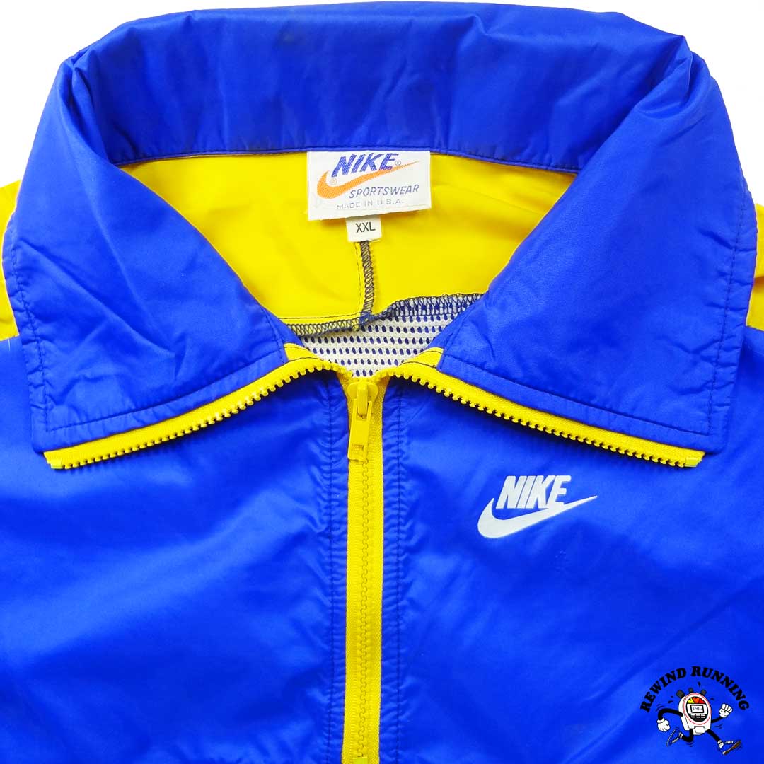 Nike Vintage Men's 70s 80s Blue & Yellow 1/4 Zip Pullover Windbreaker Anorak XXL Track Jacket Made in USA Neck Detail