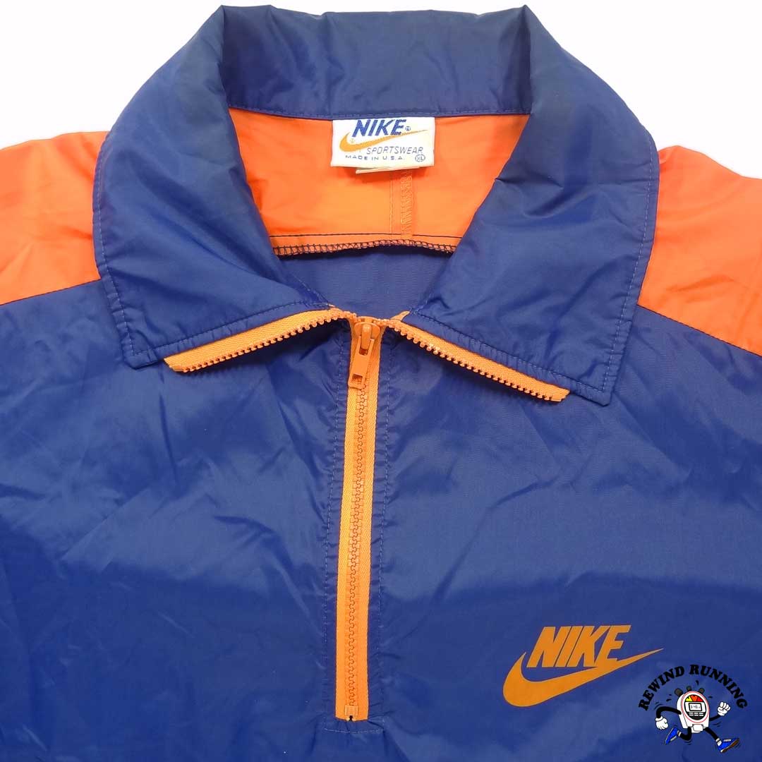 Nike Vintage Men's XL 'Orange Tag' Blue Orange Windbreaker 70s 80s Zip Pullover Track Jacket Front Nike Logo and Orange Label