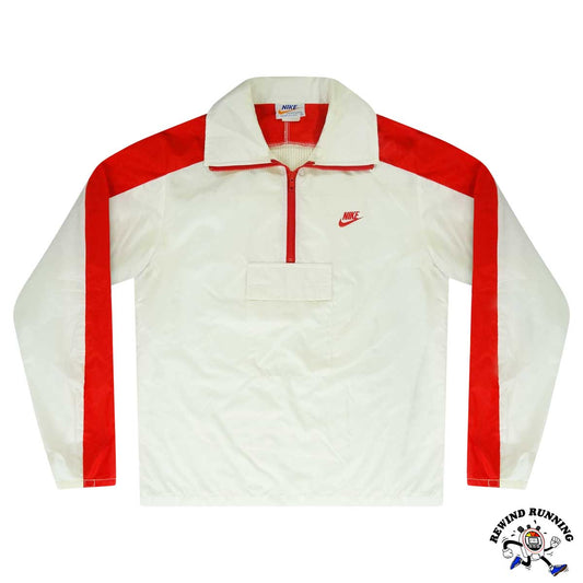 Nike Vintage Men's M 'Orange Tag' Windbreaker 70s 80s White Red Pullover Track Jacket Flat Lay Front Aerial