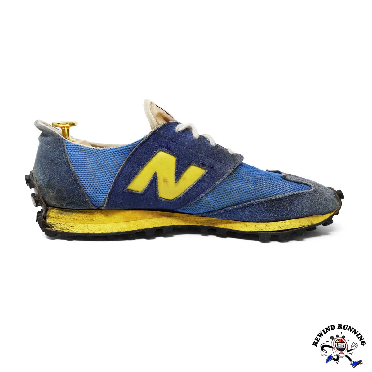 New Balance Blue Yellow 355 Vintage 1970s Sneakers sneaker with a prominent 'N' logo on a white background