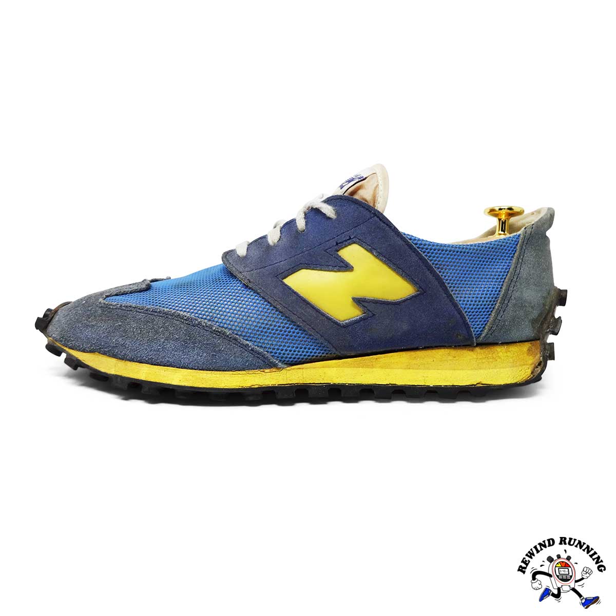 New Balance Blue Yellow 355 Vintage 1970s Sneakers sneaker with a prominent 'N' logo on a white background