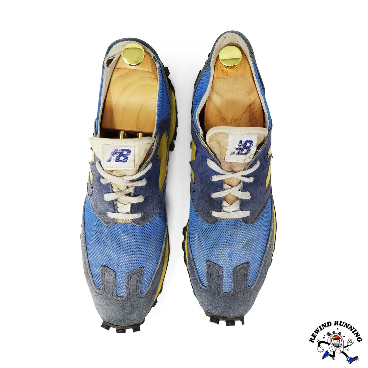 New Balance Blue Yellow 355 Vintage 1970s Sneakers running shoes with white laces on a white background, featuring New Balance logo.