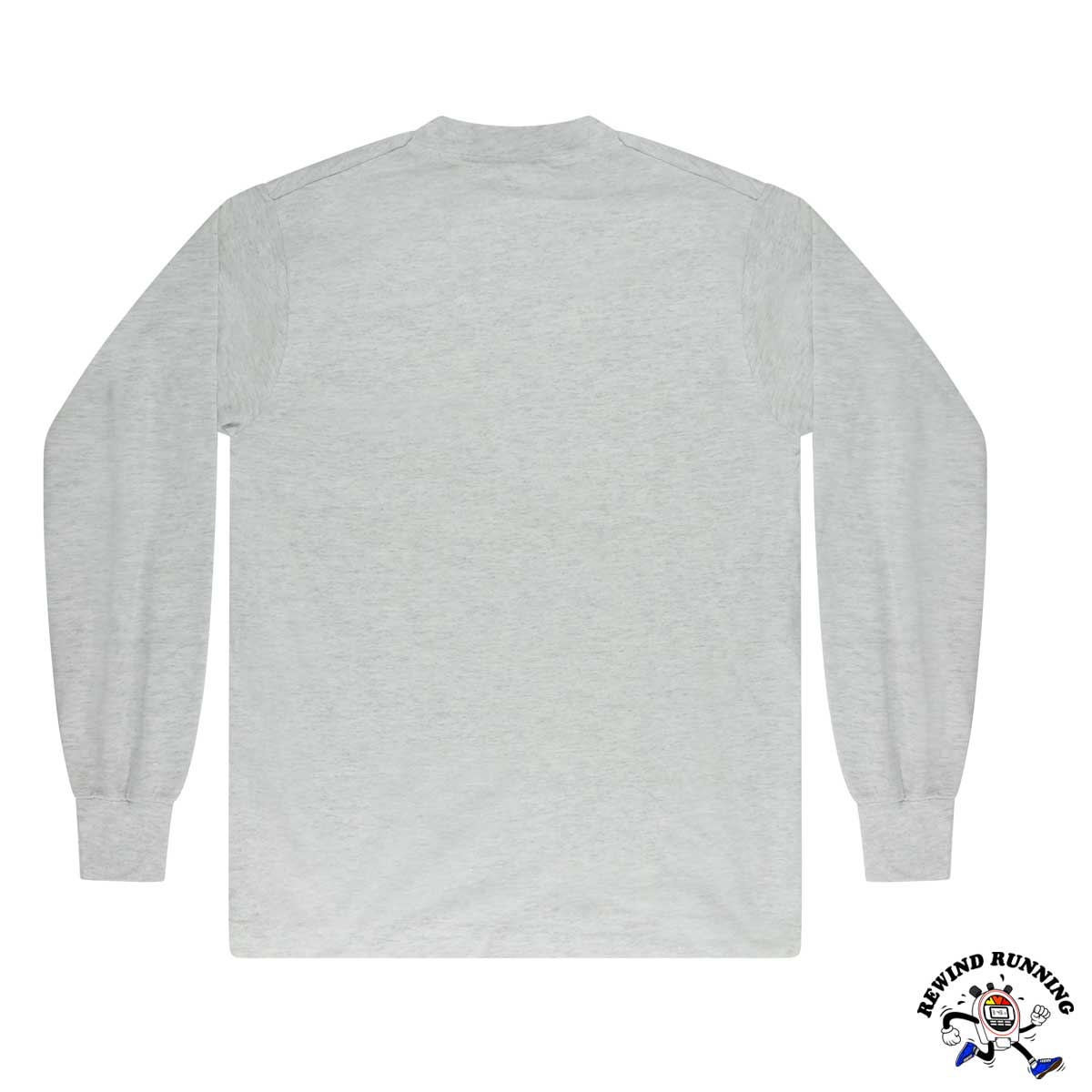 Gray long-sleeve shirt on a white background with a brand logo at the bottom right corner.