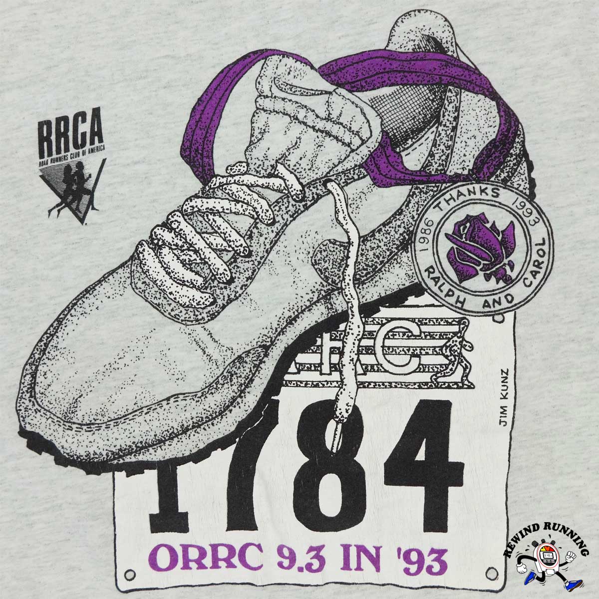 Illustration of a vintage Nike running shoe with text and ORRC and RRCA logos on a gray background