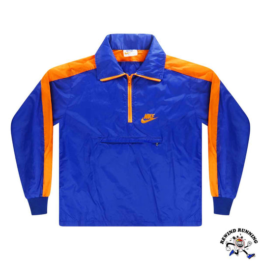 Nike Vintage Men's XXL 'Orange Tag' Blue Orange Windbreaker 70s 80s Zip Pullover Track Jacket Front flat lay