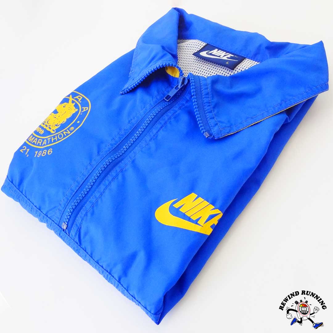 Vintage Nike 80s Boston Marathon 1986 Men's Blue Yellow Windbreaker Track Jacket Large Folded