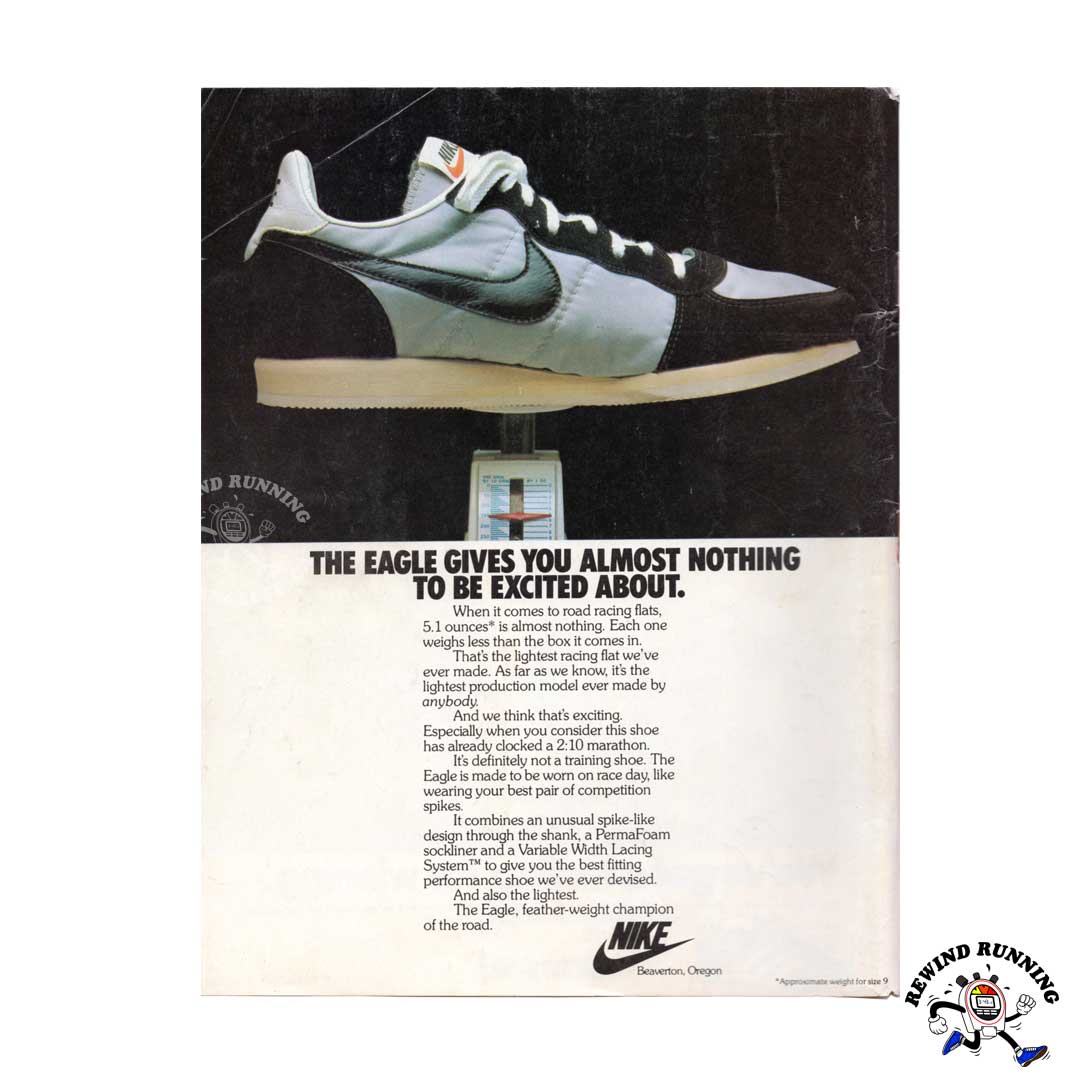 Nike Eagle and adidas Marathon 80 distressed vintage sneaker running shoes ad from 1980