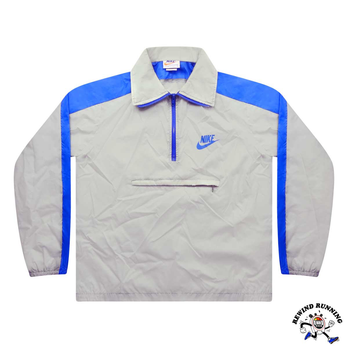 Nike Sportswear Vintage Gray Blue 70s 80s Windbreaker Track Jacket Anorak 'Orange Tag' Large Front Flat Lay