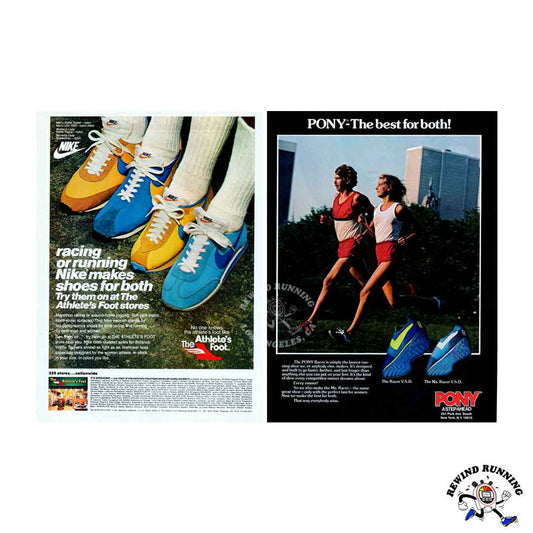 Nike 1978 Waffle Trainer, LDV-1000 and Roadrunner vintage 70s sneaker print ad PONY Racer