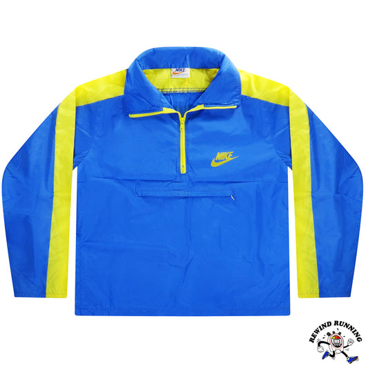 Nike Vintage Men's 70s 80s UCLA Blue & Yellow 1/4 Zip Pullover Windbreaker XL Made in USA Front flat lay