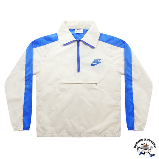 Nike Vintage 70s 80s Men's M Off-White Blue Windbreaker 70s 80s Zip Pullover Track Jacket Front flat lay