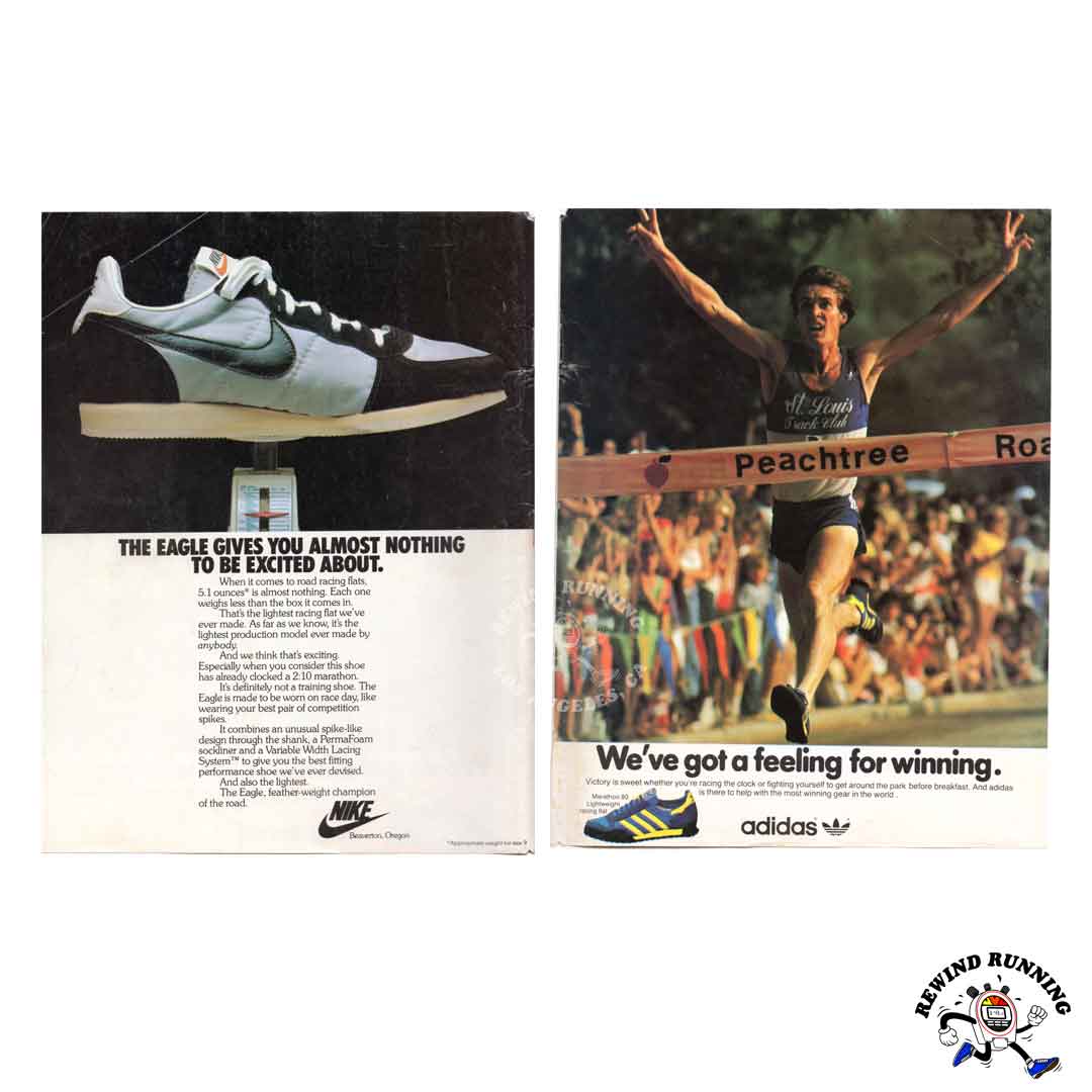 Nike Eagle and adidas Marathon 80 distressed vintage sneaker running shoes ad from 1980