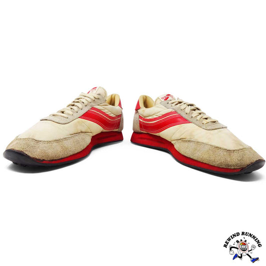 Pair of beige and red vintage 1970s Osaga running shoes on a white background with a brand logo at the bottom right corner.