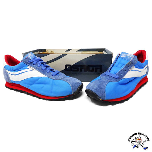 Blue vintage running shoes with red soles and white accents on a white background, featuring the brand 'Osaga'.
