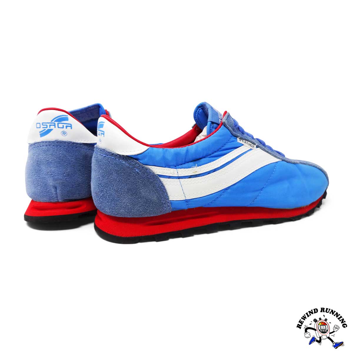 Blue and red running shoes with visible Osaga branding on a white background