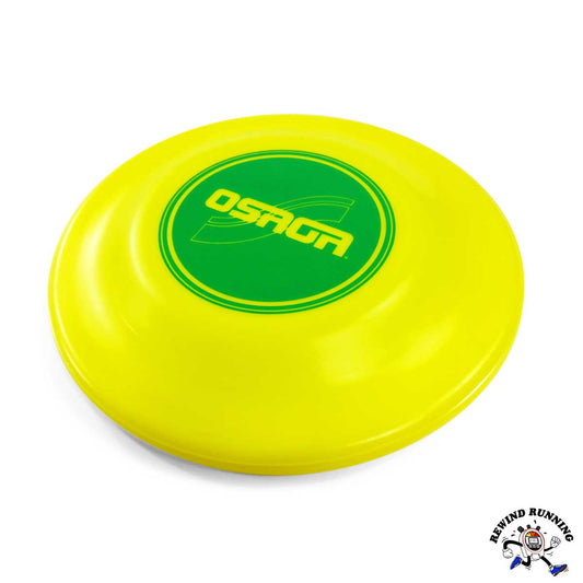 Yellow disc with green logo on a white background