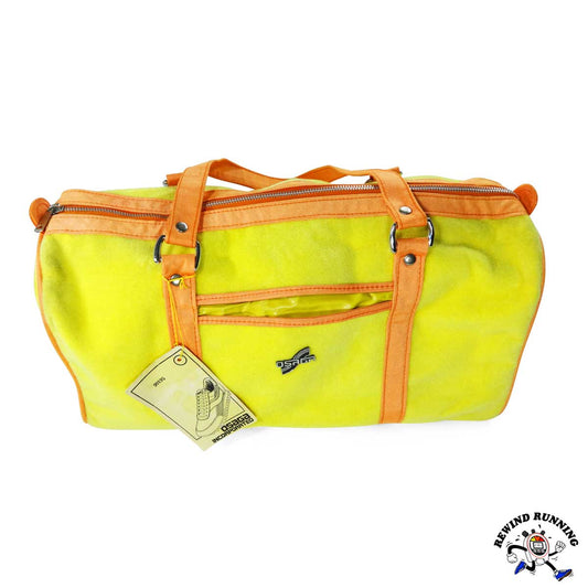Yellow Osaga brand duffel bag with orange accents on a white background