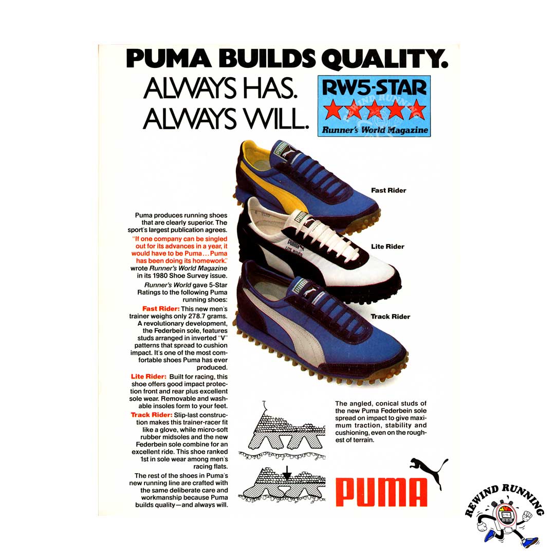 Puma Fast Rider, Track Rider and Lite Rider 1980 vintage sneaker ad