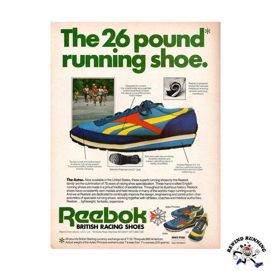 Reebok Aztec "The 26 pound* running shoe" 1980 vintage sneaker ad