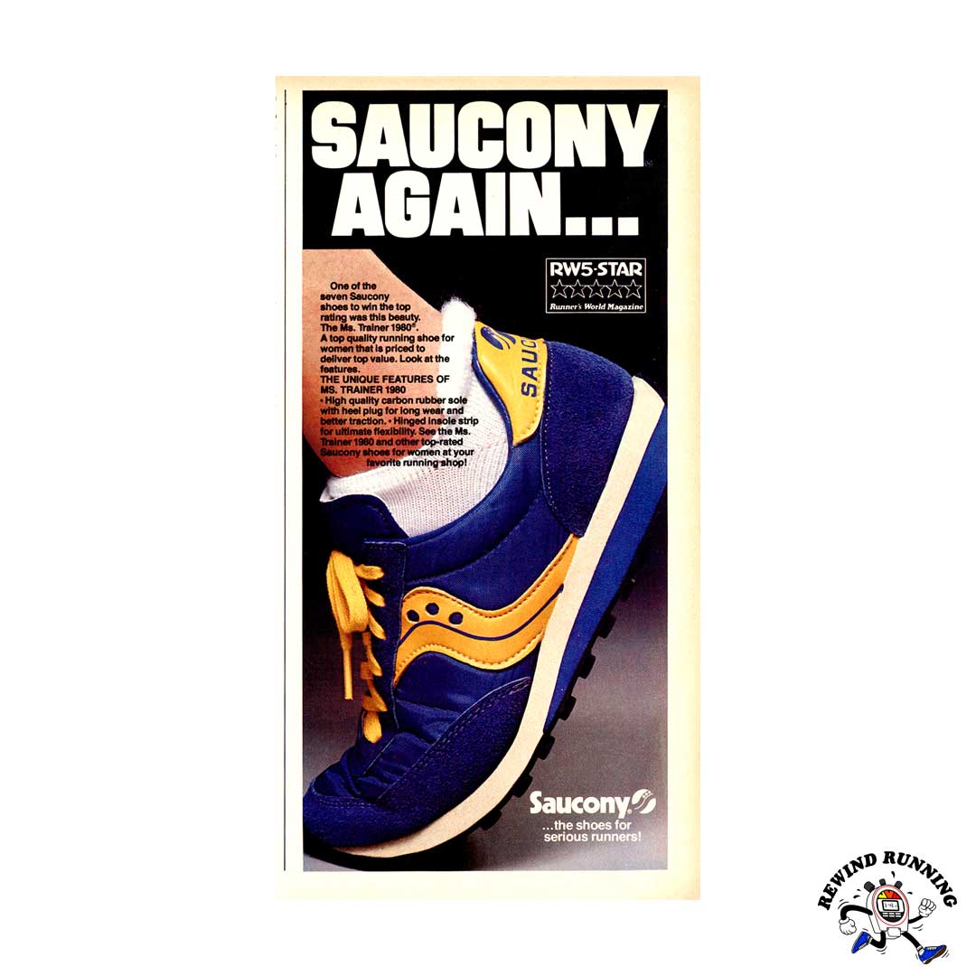 Saucony Again Ms. Trainer 1980 vintage running shoes ad