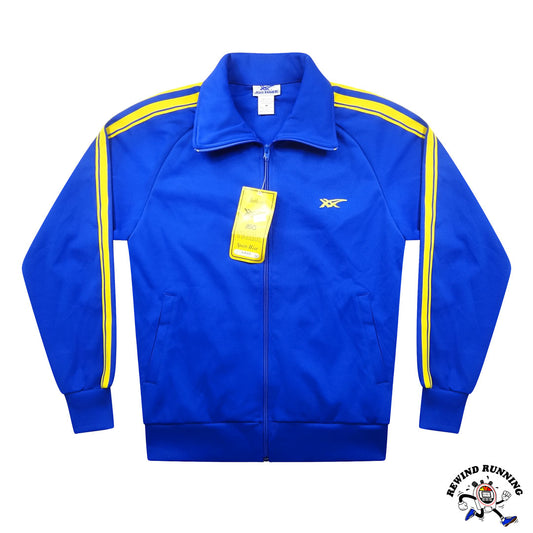 Asics Tiger Vintage 70s 80s Blue Yellow Striped Track Jacket Medium NOS NWT A-8141S Flat Lay Photo Front