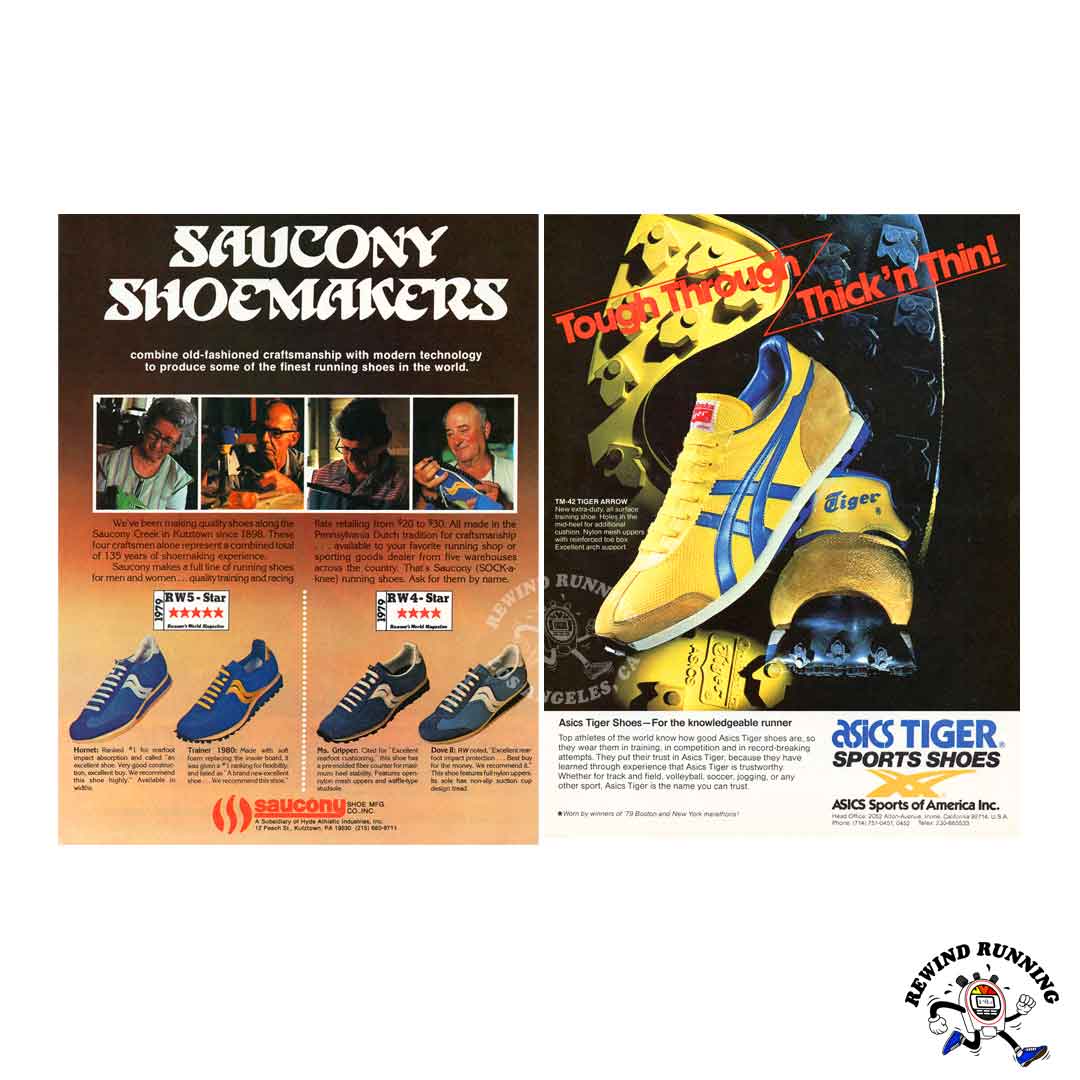 Asics TM-42 Tiger Arrow & Saucony 1980 vintage running shoes ad
