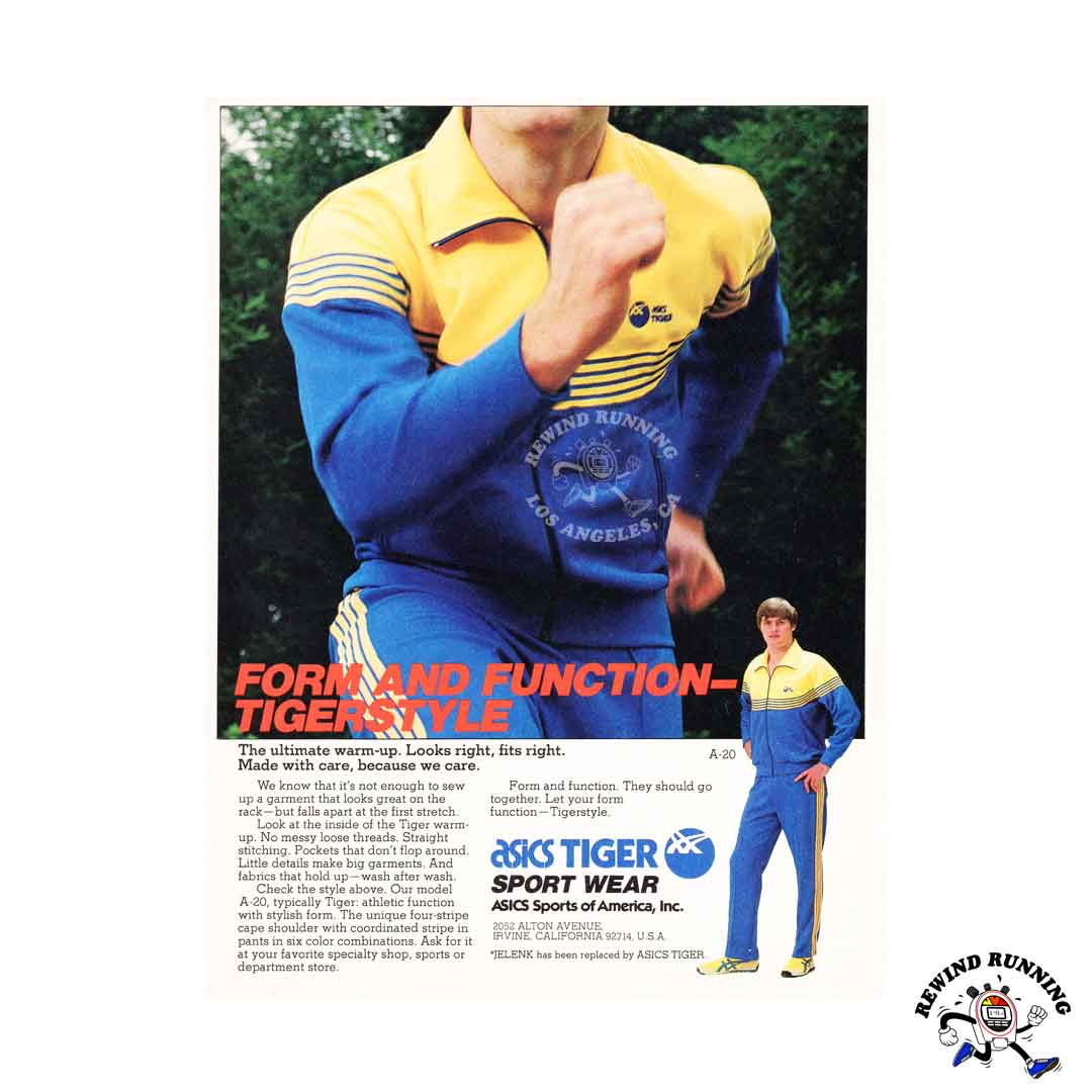 Asics Tiger Vintage 70s 80s Yellow and Blue Striped Bend Oregon Track Jacket Print Ad