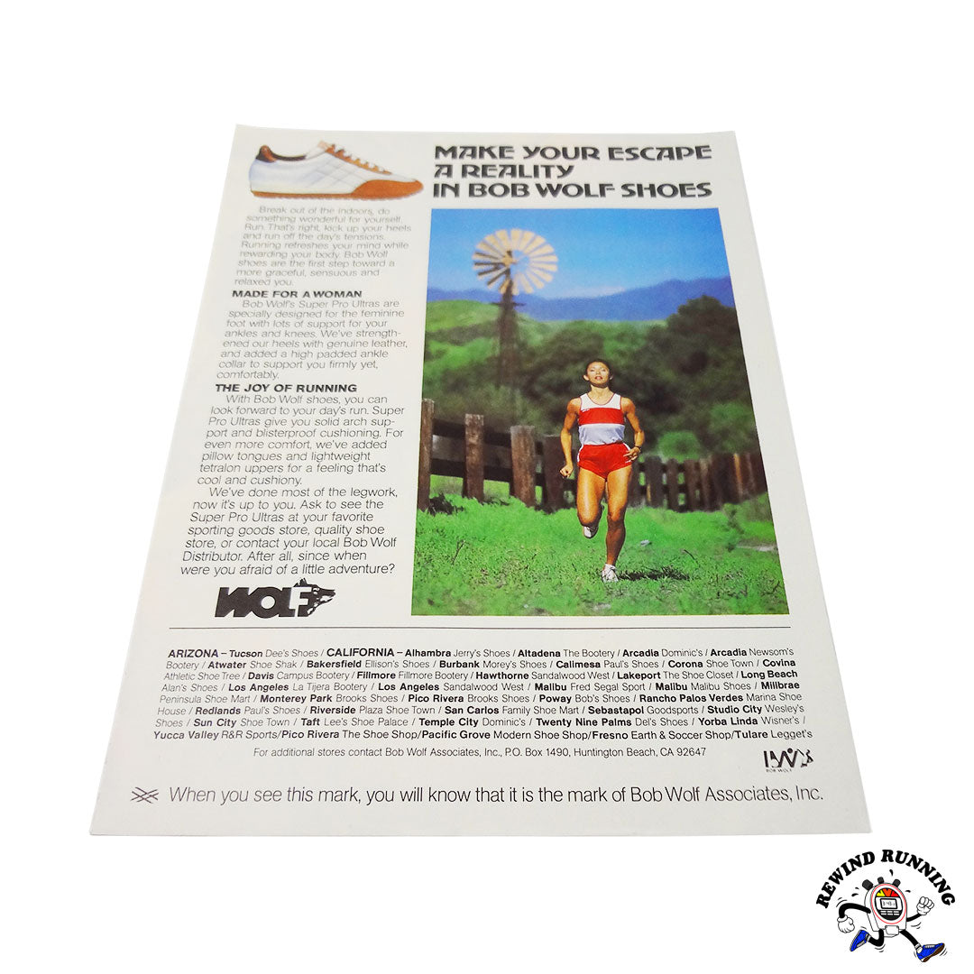 Bob Wolf brand vintage running shoes ad from 1980
