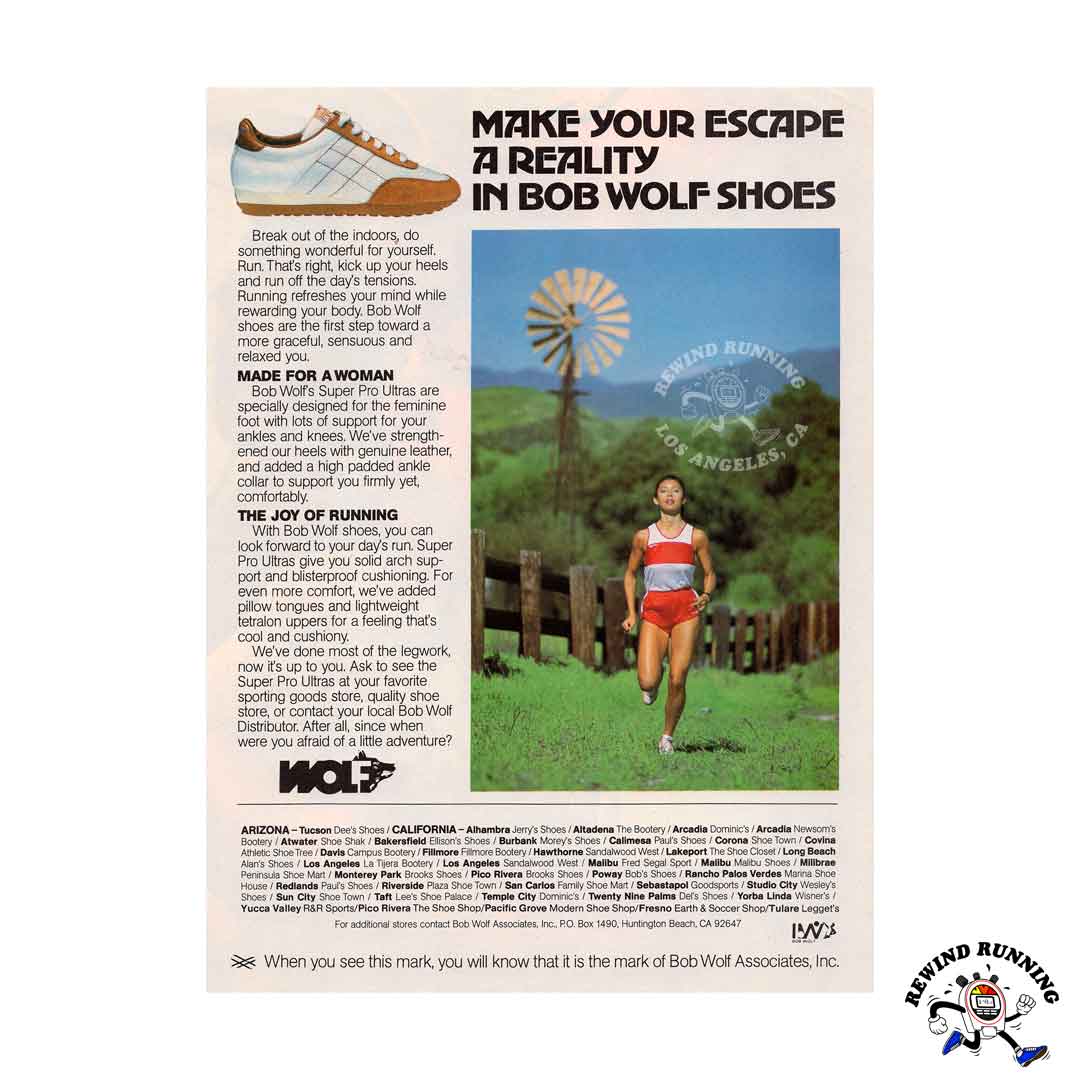 Bob Wolf brand vintage running shoes ad from 1980