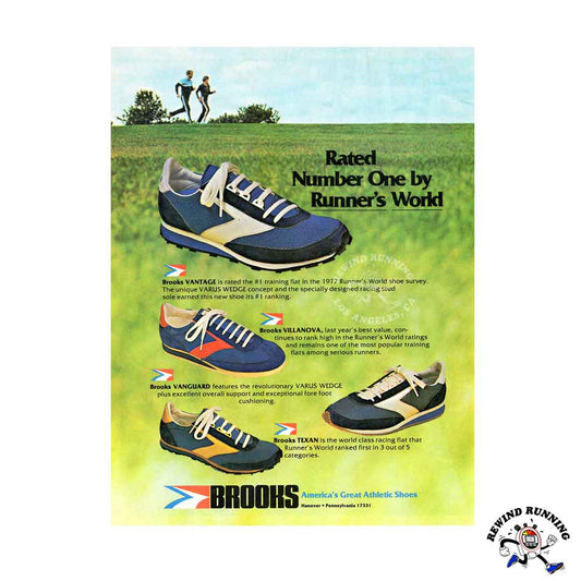 Brooks 1977 vintage Vantage, Villanova, Vanguard and Texan model sneakers ad