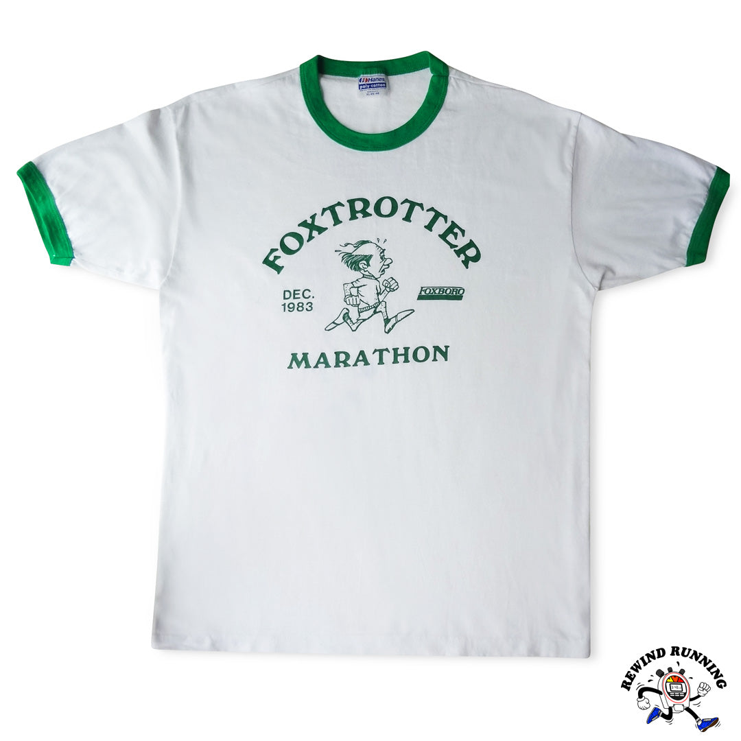 Foxtrotter 1983 Marathon Foxboro, MA Running 80s Vintage Ringer T-Shirt Flat Lay