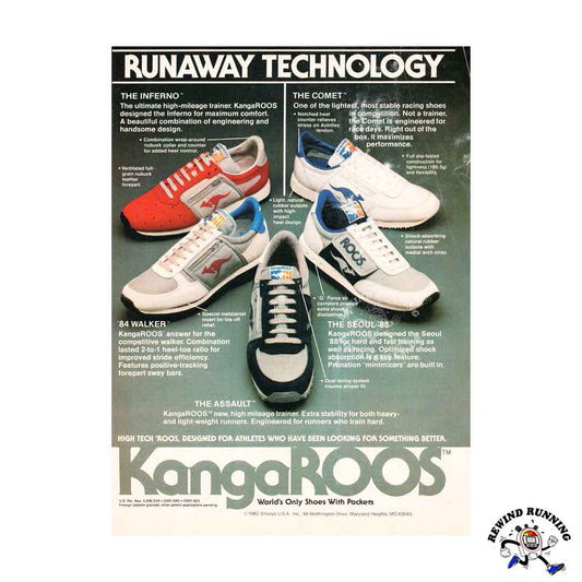 KangaROOS 1980s vintage ad featuring the Inferno, Comet, '84 Walker, Seoul '88 and Assault model vintage running shoes