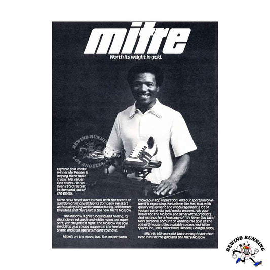 Mitre 1977 vintage ad for the Moscow running shoes featuring Olympic Gold medalist Melvin Pender